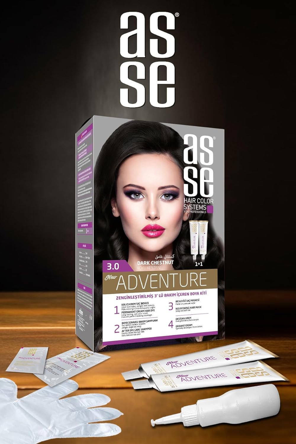 کیت رنگ موی بدون امونیاک اسه ASSE شماره 3 بلوطی تیره