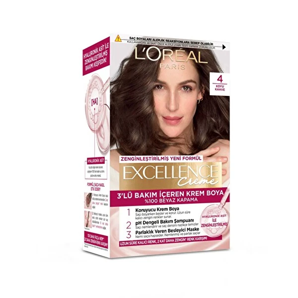 رنگ موی LOREAL Excellence Hair Color No.4 Dark Brown با ماندگاری بالا، درخشندگی طبیعی و محافظت سهگانه از مو